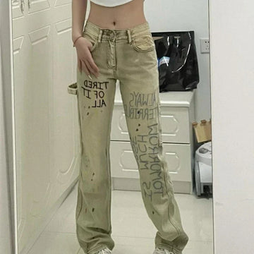 MQTIME  -  American Style Jeans Women Khaki Ink Splash Spring and Autumn New Arrived Trousers High Street Fashion Basic Female Denim Pants